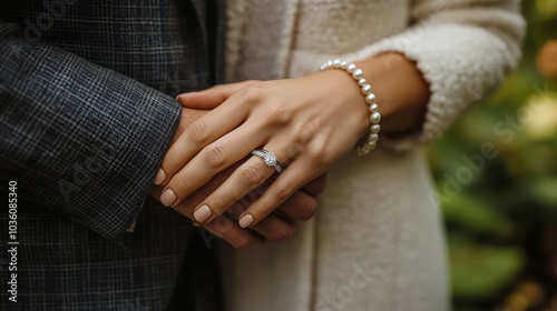 Couple shares affection, displaying wedding rings and elegant jewelry in a se...