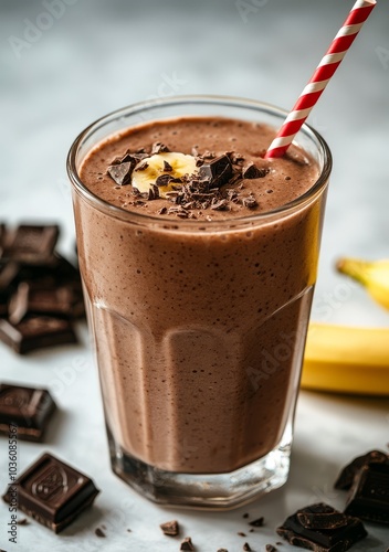 Decadent chocolate banana smoothie topped with chocolate pieces and a striped...