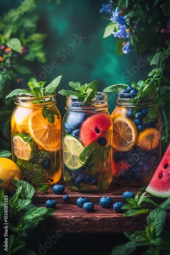 Refreshing summer fruit drinks in mason jars with blueberries and watermelon ...
