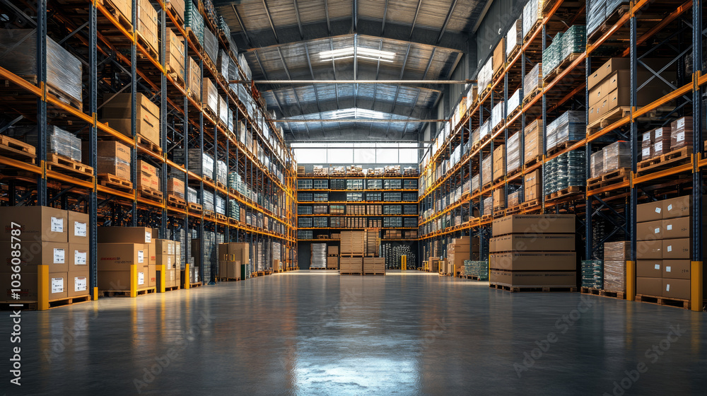 A modern warehouse with advanced technology for storing and moving goods. It has shelves filled with boxes and barrels, and uses digital displays to track inventory levels. A modern warehouse with advanced technology for storing and moving goods. It has shelves filled with boxes and barrels, and uses digital displays to track inventory levels.