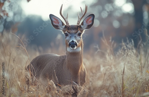 A deer standing amid golden grass in a quiet field during a calm autumn evening