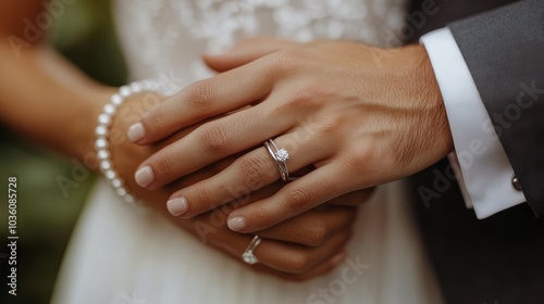 Couple shares affection, displaying wedding rings and elegant jewelry in a se...