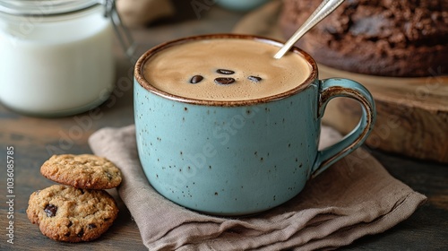 Cozy coffee moment with cookies on a rustic table in a warm, inviting setting
