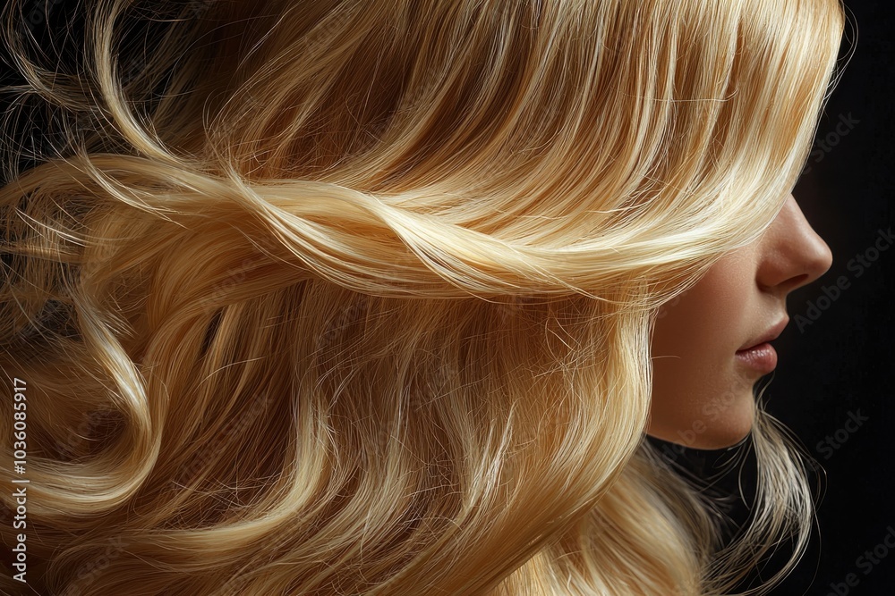 A blonde woman with long flowing hair captured in dynamic motion against a dark background highlighting beauty and elegance A blonde woman with long flowing hair captured in dynamic motion against a dark background highlighting beauty and elegance
