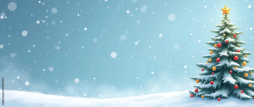 Christmas Tree in Winter Wonderland with Sparkling Snowfall, Xmas banner with copyspace, Generative Ai Christmas Tree in Winter Wonderland with Sparkling Snowfall, Xmas banner with copyspace, Generative Ai