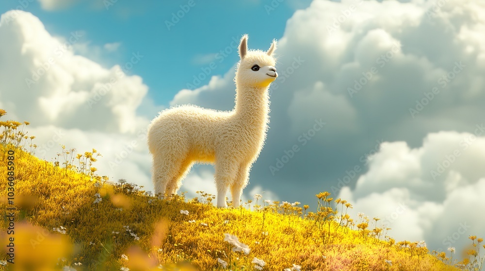 Fototapeta premium 3D Cute Baby Alpaca Standing on a Pastel Yellow Field in Adorable Detail