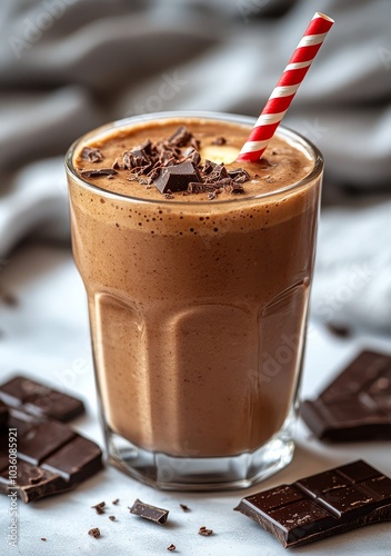 Decadent chocolate banana smoothie topped with chocolate pieces and a striped...
