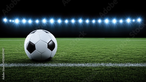 A soccer ball lies on the vibrant green turf of an indoor stadium, illuminated by bright lights, ready for an exciting match atmosphere to unfold in a professional setting