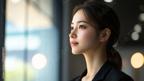 thoughtful woman in professional setting gazes out window, reflecting on her future. soft lighting highlights her serene expression, suggesting moment of contemplation