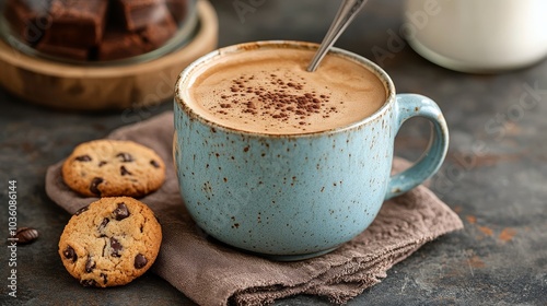 Cozy coffee moment with cookies on a rustic table in a warm, inviting setting