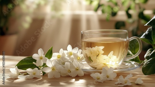 Refreshing herbal tea served in a glass cup with delicate blossoms on a woode...