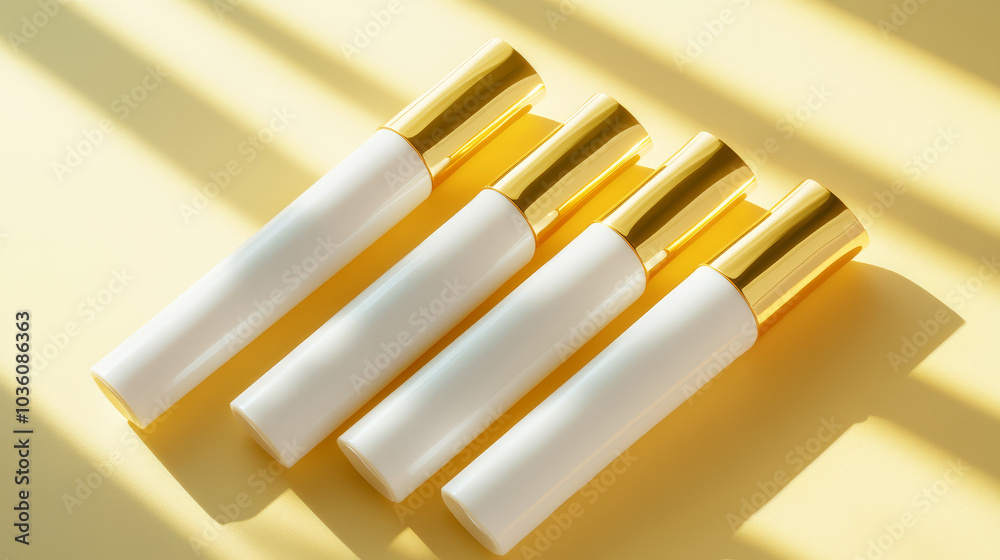 Four elegant white tubes with gold caps are arranged on yellow background, casting soft shadows. minimalist design and warm lighting create luxurious and sophisticated atmosphere Four elegant white tubes with gold caps are arranged on yellow background, casting soft shadows. minimalist design and warm lighting create luxurious and sophisticated atmosphere