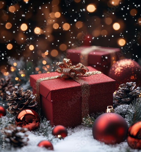 A beautifully wrapped Christmas gift surrounded by ornaments and pinecones du...