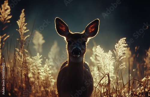 A deer standing amid golden grass in a quiet field during a calm autumn evening