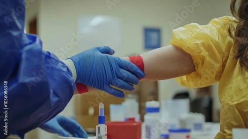 A healthcare professional prepares a patient for a medical procedure.