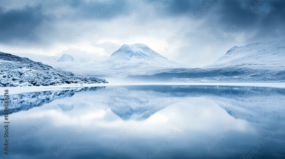 A serene winter scene unfolds in the Scottish Highlands, with snow-covered mountains and a frozen lake reflecting the somber sky above A serene winter scene unfolds in the Scottish Highlands, with snow-covered mountains and a frozen lake reflecting the somber sky above