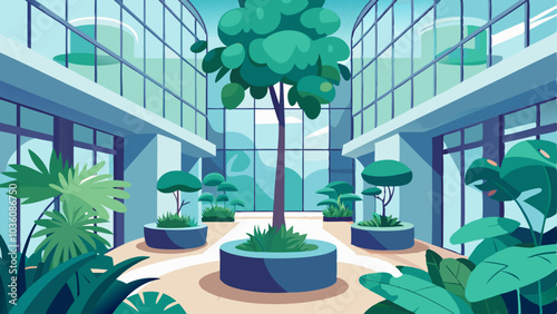 Lush plants and small trees are tered throughout the atrium adding a touch of nature to the urban space.