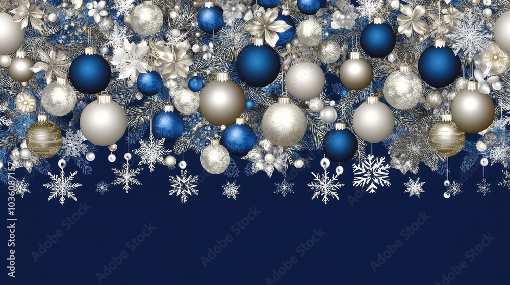 This festive design features silver and navy blue gift boxes adorned with ribbons, surrounded by snowflakes and ornaments, ideal for holiday greetings and promotions This festive design features silver and navy blue gift boxes adorned with ribbons, surrounded by snowflakes and ornaments, ideal for holiday greetings and promotions
