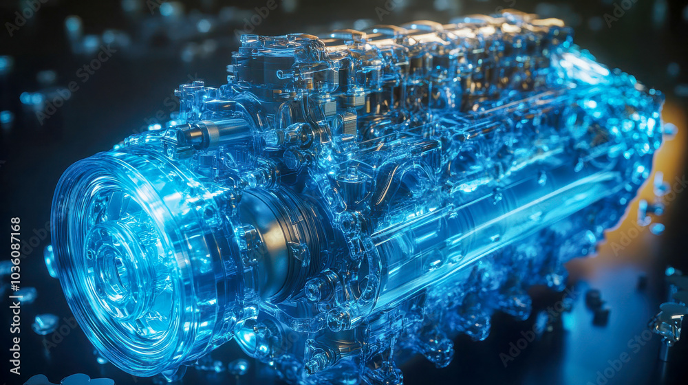 Transparent holographic engine with glowing orange highlights, representing a futuristic, high-tech concept Transparent holographic engine with glowing orange highlights, representing a futuristic, high-tech concept