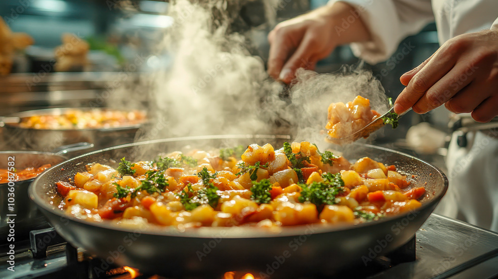A focused chef stirring a large pan of colorful vegetables, steam rising, in a professional kitchen A focused chef stirring a large pan of colorful vegetables, steam rising, in a professional kitchen