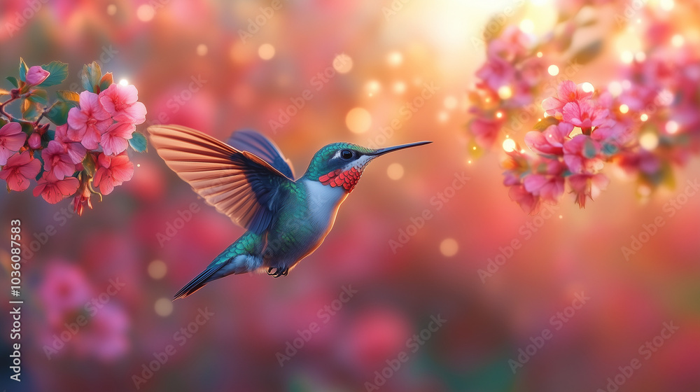 Fototapeta premium Un colibri coloré, aux ailes vibrantes, vole près d'une fleur, illustrant la beauté de la nature sauvage et la faune aviaire en plein mouvement.