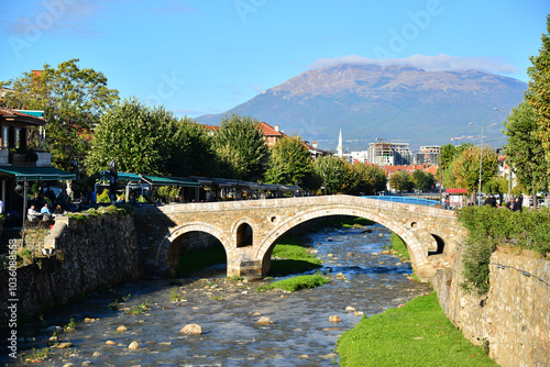 A view from the Historic Stone Bridge in Prizren, Kosovo