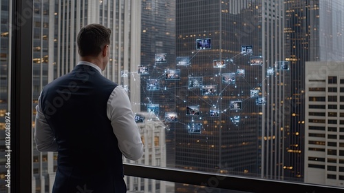 A businessman stands on a rooftop, observing illuminated photos linked by lines against a night city backdrop, embodying modern connectivity