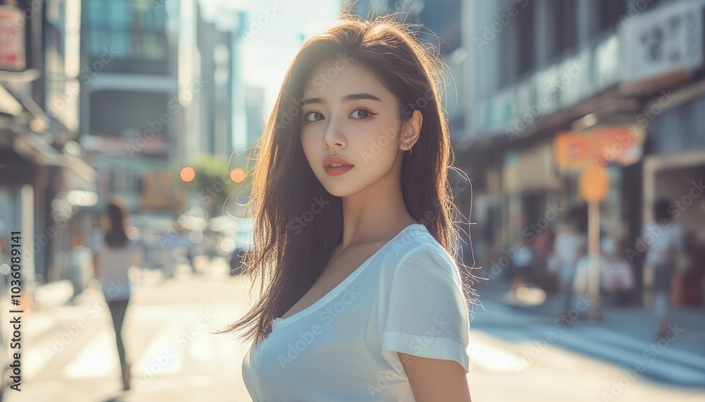 Beautiful young model looking Asian woman dressed in white in the street of a big city in summer. Urban lifestyle concept Beautiful young model looking Asian woman dressed in white in the street of a big city in summer. Urban lifestyle concept