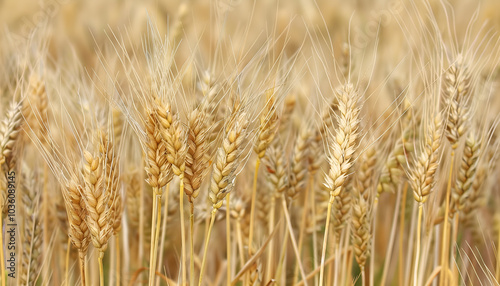 Ripe wheat spikes in agricultural field, closeup