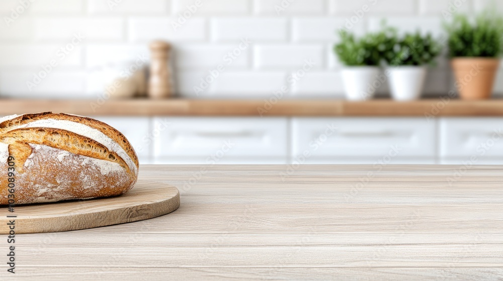 A braided loaf rests on an earthenware bread board atop a wooden kitchen table, surrounded by softly blurred white cabinets in a light-filled space