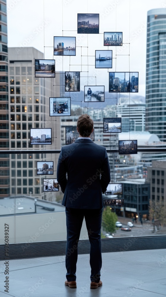 A businessman stands on a rooftop, observing illuminated photos linked by lines against a night city backdrop, embodying modern connectivity