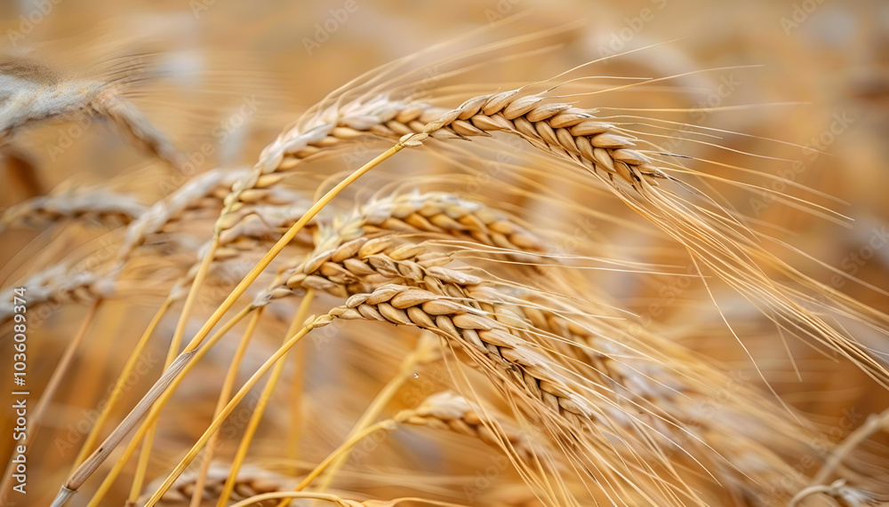 Ripe wheat spikes in agricultural field, closeup Ripe wheat spikes in agricultural field, closeup