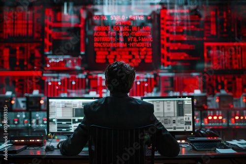 dramatic photo of a businessman sitting in front of a hacked computer system, with ominous red ransomware messages displayed on the screen. The image captures the tension and urgency photo