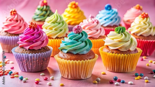 Delicious cupcakes with colorful butter cream icing decorated with sprinkles are standing on pink surface