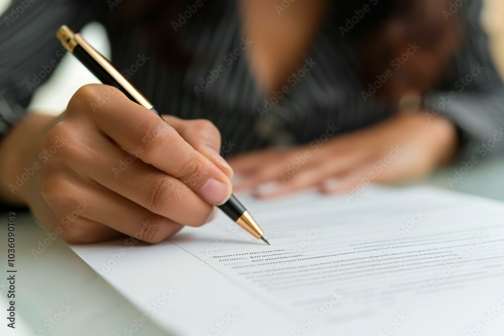 close-up photo of a woman signing a house lease agreement with a property management company, showcasing the legal and financial aspects of renting or owning a property. close-up photo of a woman signing a house lease agreement with a property management company, showcasing the legal and financial aspects of renting or owning a property.