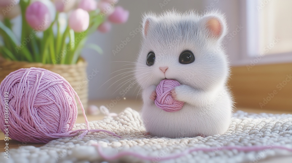 Fototapeta premium 3D Cute Baby Chinchilla Playing with Pastel-Colored Toys