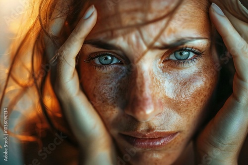 Close-up portrait of a woman showing signs of eye glaucoma, tired and dry eyes, and conjunctivitis, conveying pain and exhaustion. photo