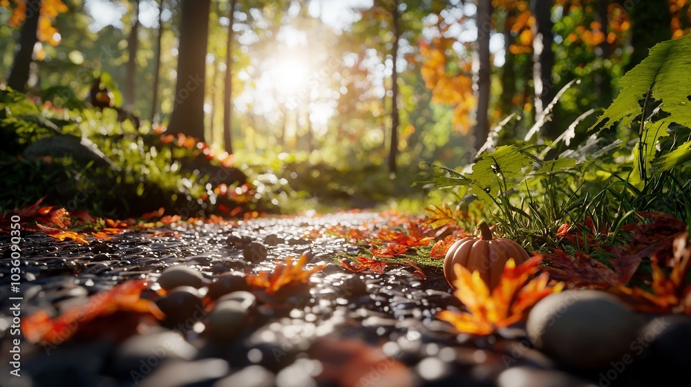 A winding trail through a dense foliage carpeted with fallen leaves, surrounded by colorful autumnal pumpkins strewn about A winding trail through a dense foliage carpeted with fallen leaves, surrounded by colorful autumnal pumpkins strewn about