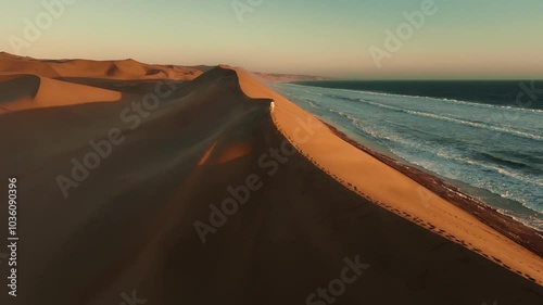 Travel, desert and silhouette of man at sunset with drone for destination, freedom or summer trip. Footprints, adventure and journey with guy on horizon of sand dunes on trip of Africa vacation