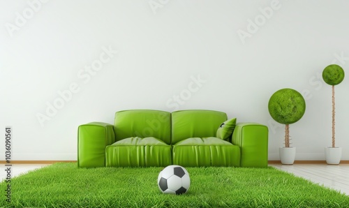 Green living room concept with a soccer ball. Green sofa, carpet, decorative tree, and copy space on the wall for your message. Perfect for sports and eco friendly themes photo