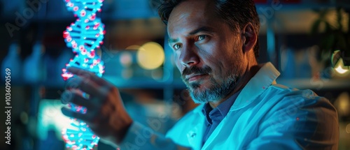 A scientist examines a model of a DNA molecule. AI.