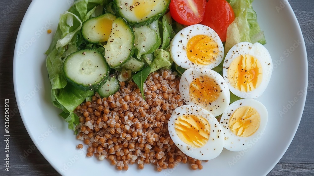 healthy breakfast, The source of carbohydrates should be buckwheat - the basis of athlete nutrition, buckwheat, boiled egg and vegetables healthy breakfast, The source of carbohydrates should be buckwheat - the basis of athlete nutrition, buckwheat, boiled egg and vegetables