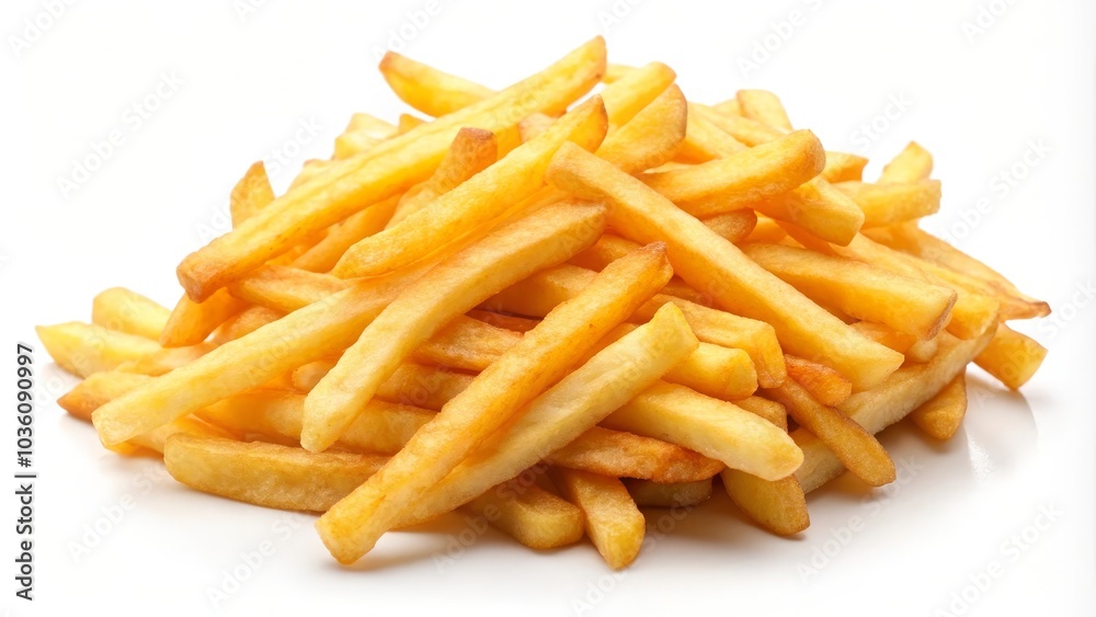 Heap of delicious golden french fries is lying on a white background Heap of delicious golden french fries is lying on a white background