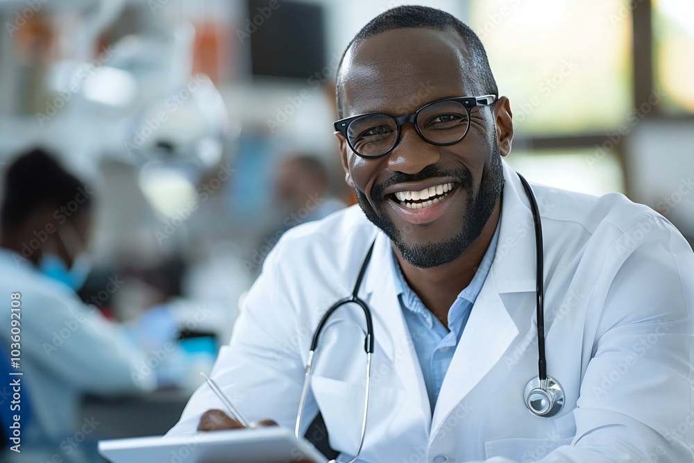 African American dentist signing insurance contract on digital tablet in dental clinic office. African American dentist signing insurance contract on digital tablet in dental clinic office.