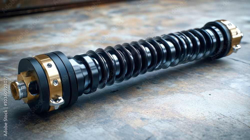 A detailed shot of a shock absorber with various components neatly arranged on a white background, emphasizing automotive engineering A detailed shot of a shock absorber with various components neatly arranged on a white background, emphasizing automotive engineering