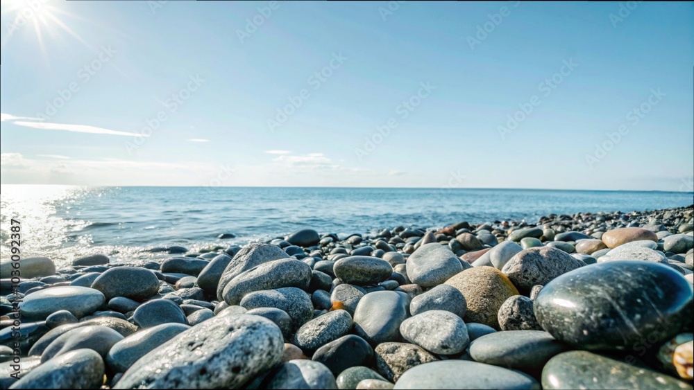 A sunny beach scene featuring rocks and pebbles by the sea, with a clear blue sky in the background.
A sunny beach scene featuring rocks and pebbles by the sea, with a clear blue sky in the background.