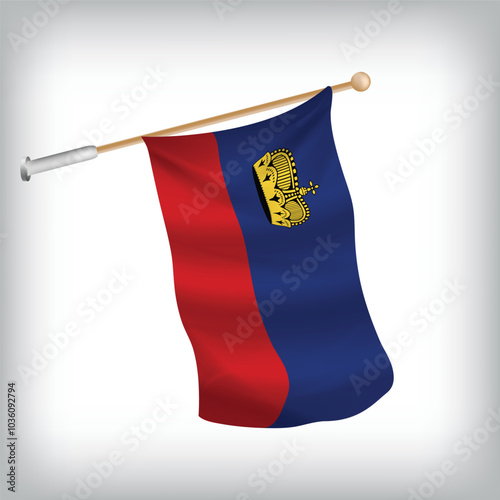 Realistic illustration of Liechtenstein flags waving on the wall. The set is in the flag collection