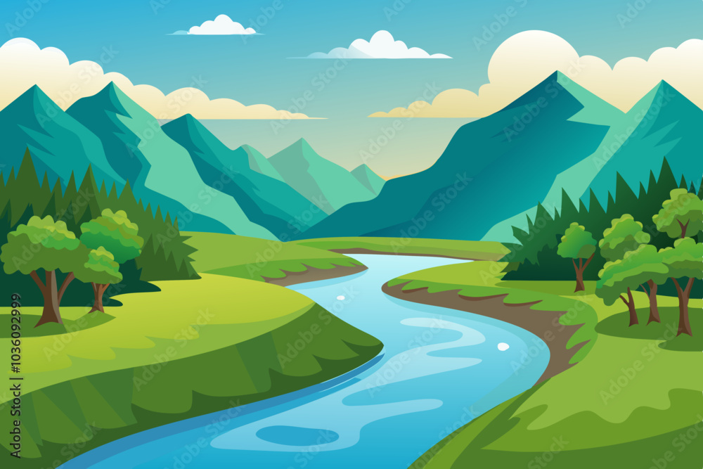 A realistic illustration of a vector landscape river with greenery A realistic illustration of a vector landscape river with greenery