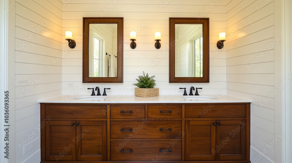 Fototapeta premium The spacious double vanity features elegant black faucets, white marble wall tiles, framed mirrors, and soft lighting, creating a sophisticated, modern bathroom aesthetic