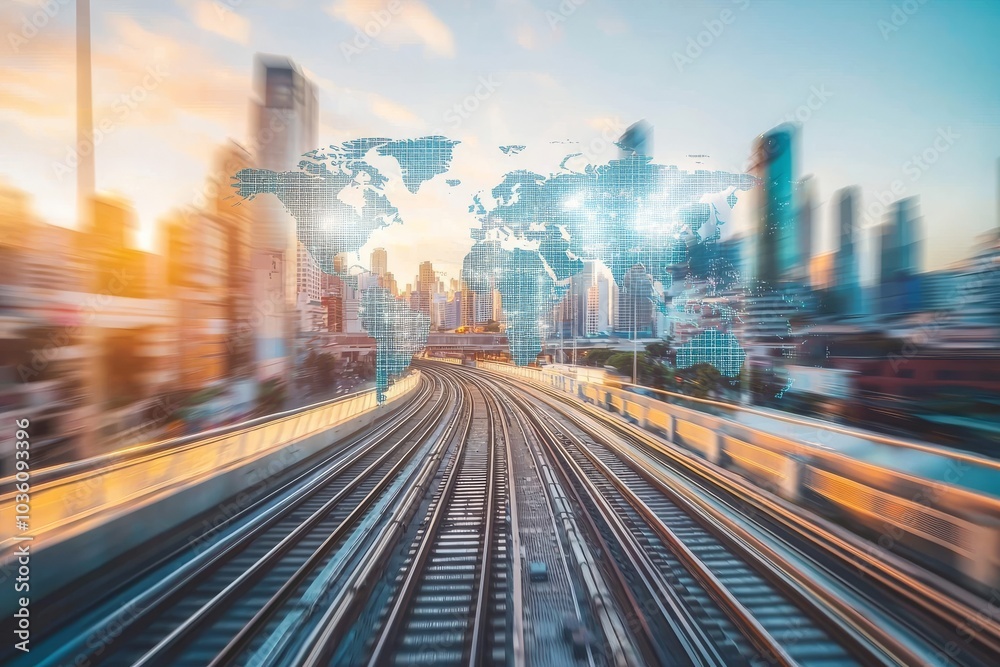 Several buildings in a blurry capital city with a double exposure graph of a transportation system and a technology icon Several buildings in a blurry capital city with a double exposure graph of a transportation system and a technology icon